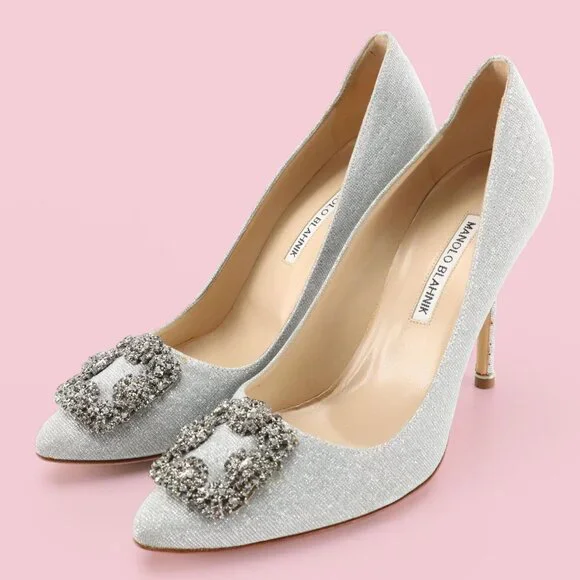 Manolo Blahnik Hangisi Silver Shimmery Embellished Pumps - Picture 1 of 8